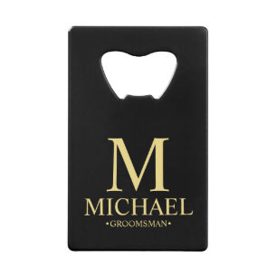 Modern Black and Gold Personalized Groomsman Credit Card Bottle Opener