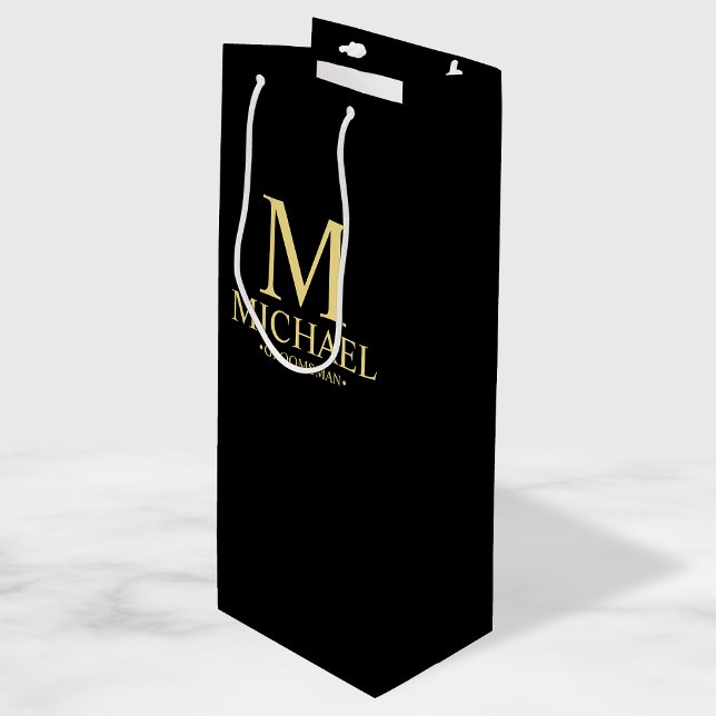 Modern Black and Gold Personalized Groomsman Wine Gift Bag (Creator Uploaded)