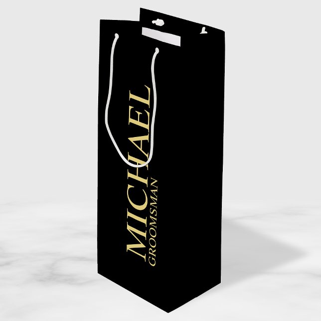 Modern Black and Gold Personalized Groomsman Wine Gift Bag (Creator Uploaded)