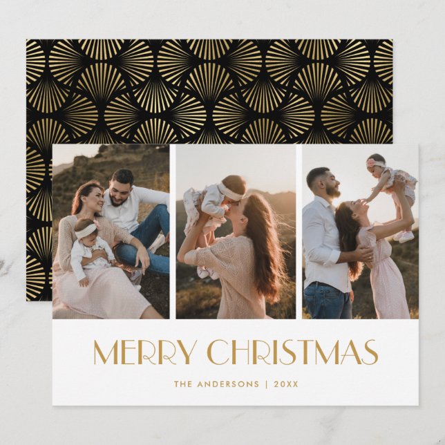 Modern Black and Gold Photo Collage Christmas Holiday Card (Front/Back)