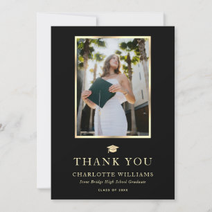 Modern Black and Gold Photo Graduation Thank You Card