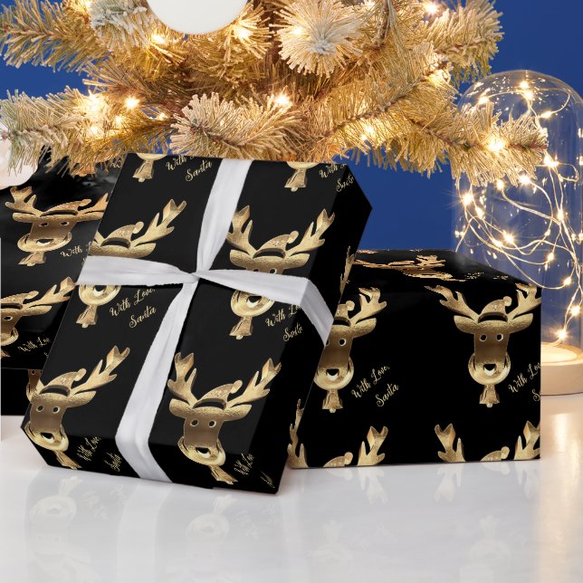 Modern Black and Gold Reindeer Cute Christmas Wrapping Paper (Holidays)