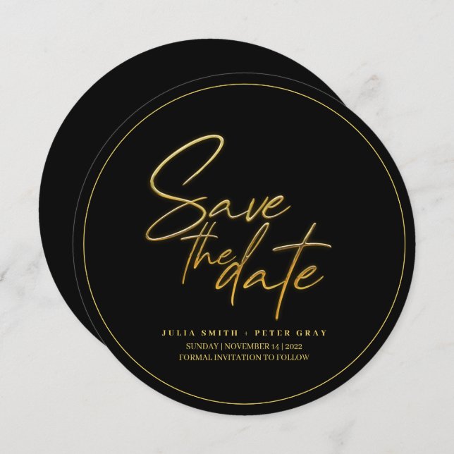 Modern Black and Gold Round Save The Date Invitation (Front/Back)