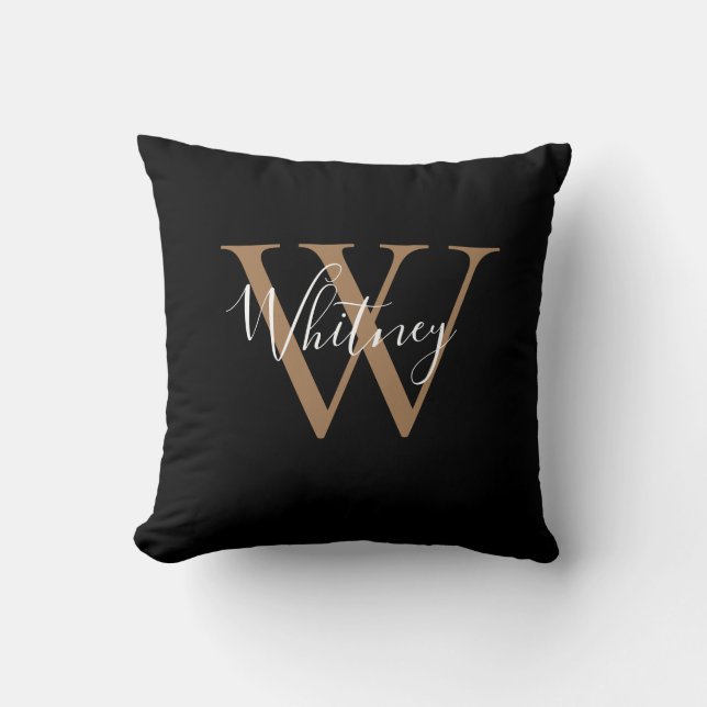 Modern Black and Gold Script Monogram Name   Throw Pillow (Front)