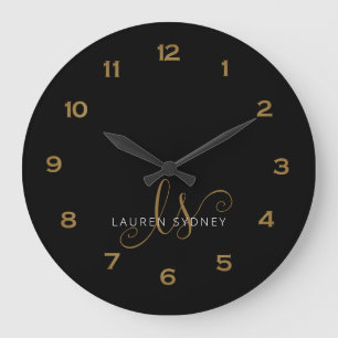 Modern Black And Gold Script Monogrammed Large Clock