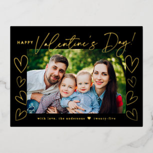 Modern Black and Gold Script Valentine's Day Photo Foil Holiday Postcard