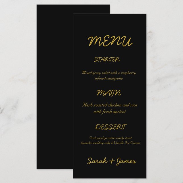 Modern Black and Gold Script Wedding Menu (Front/Back)