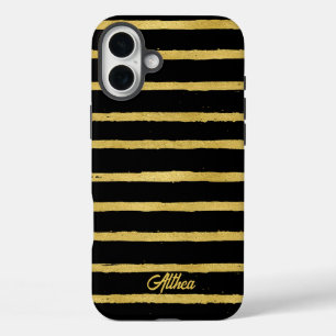 Modern Black and Gold Striped Customizable Name  iPhone 16 Plus Case