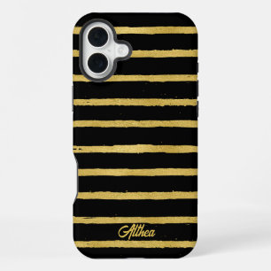 Modern Black and Gold Striped Customizable Name iPhone 16 Plus Case