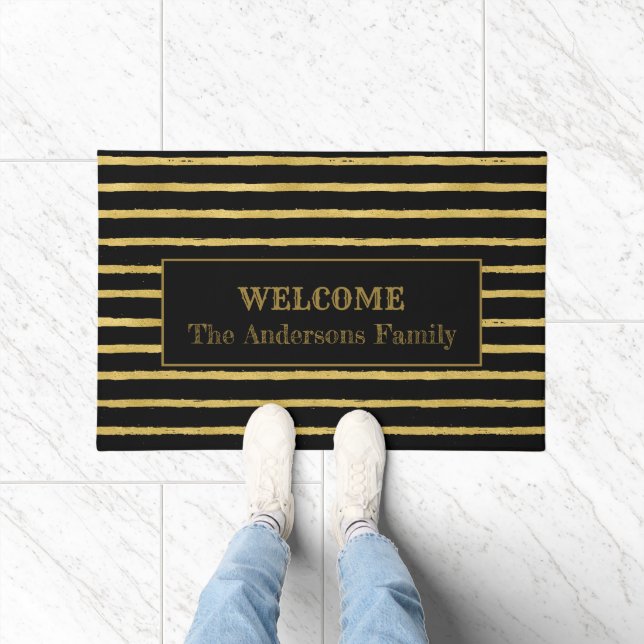 Modern Black and Gold Striped Welcome Family Name  Doormat (Indoor)