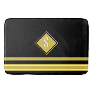 Modern Black And Gold Stripes Family Monogram Bath Mat