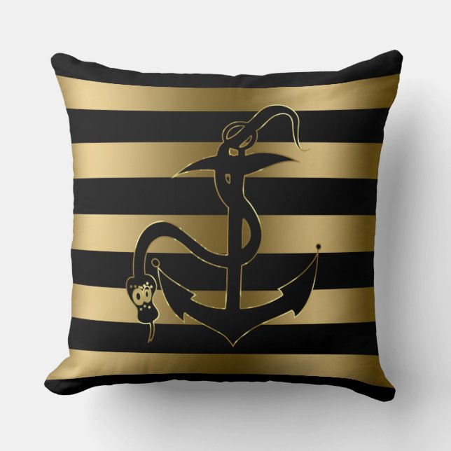Modern Black And Gold Stripes & Nautical Anchor Throw Pillow (Front)