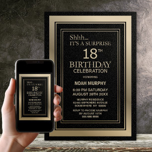 Modern Black and Gold Surprise 18th Birthday Party Invitation