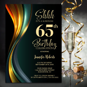 Modern Black and Gold Surprise 65th Birthday Party Invitation