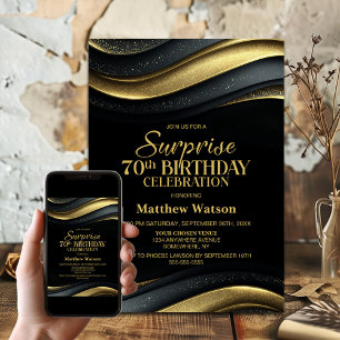 Modern Black and Gold Surprise 70th Birthday Party Invitation