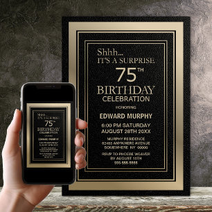 Modern Black and Gold Surprise 75th Birthday Party Invitation