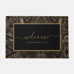  Modern black and gold swirl family name welcome Doormat