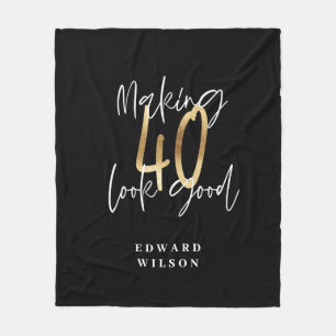 Modern black and gold typography 40th birthday fleece blanket