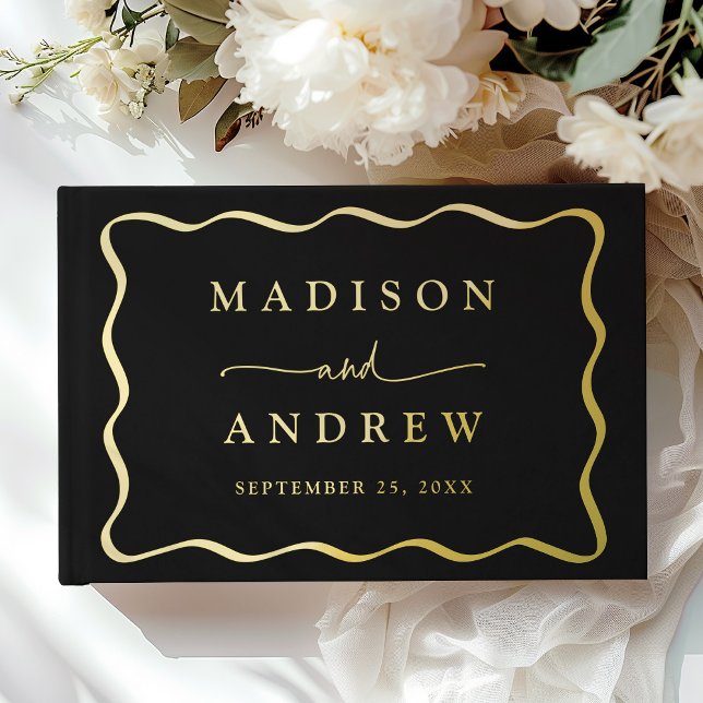 Modern Black and Gold Wavy Frame Photo Wedding Guest Book (Creator Uploaded)