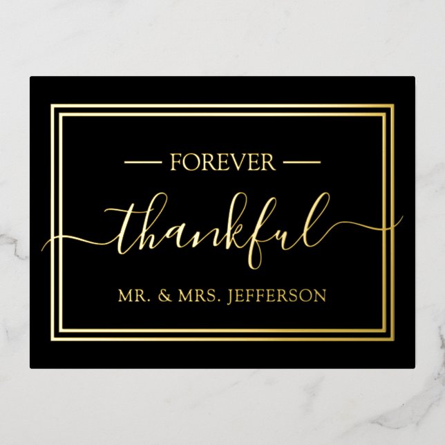 Modern Black and Gold Wedding Mr. & Mrs. Thank You Foil Invitation Postcard (Front)