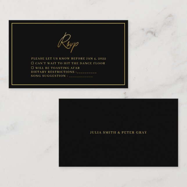 Modern Black and Gold Wedding Rsvp Card (Front/Back)