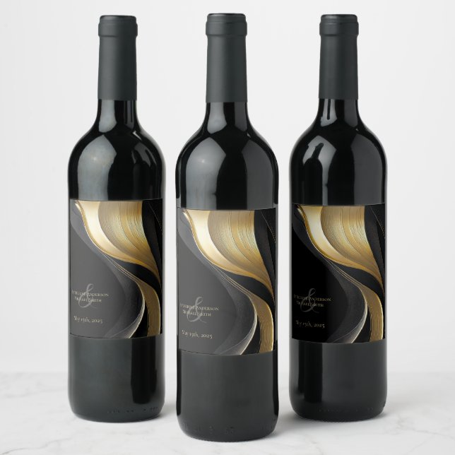 Modern Black and Gold Wedding  Wine Label (Bottles)