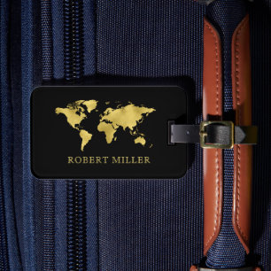 Modern Black and Gold World Map Personalized Luggage Tag