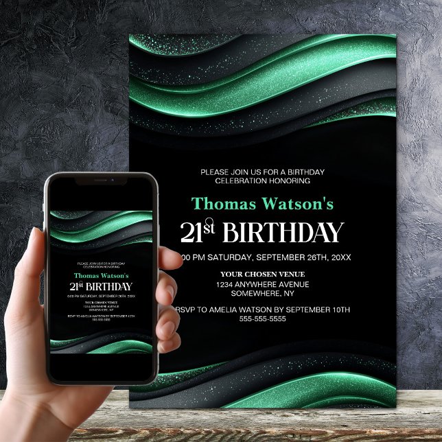Modern Black and Green 21st Birthday Party Invitation (Creator Uploaded)
