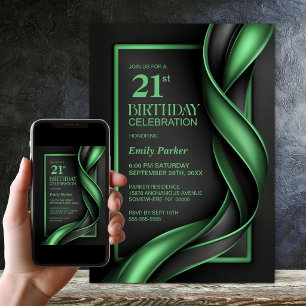 Modern Black and Green 21st Birthday Party Invitation