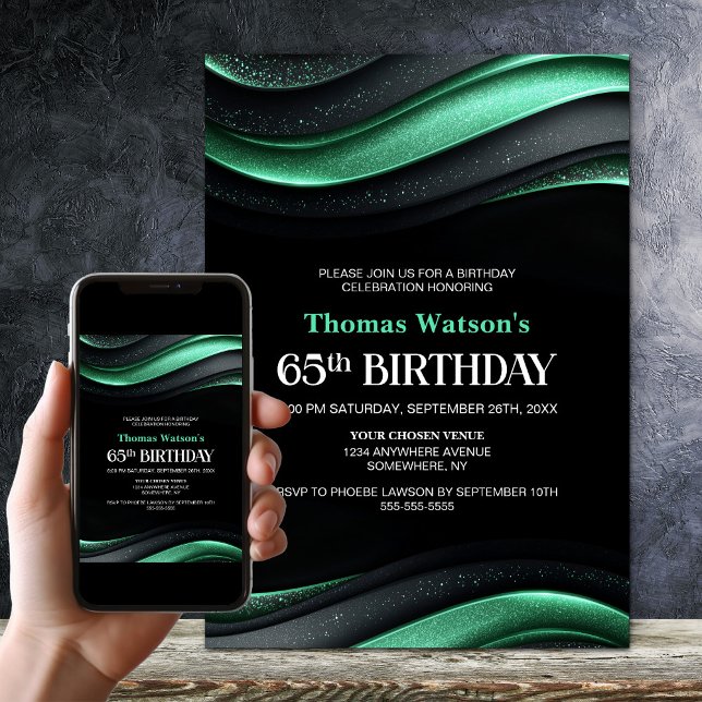 Modern Black and Green 65th Birthday Party Invitation (Creator Uploaded)