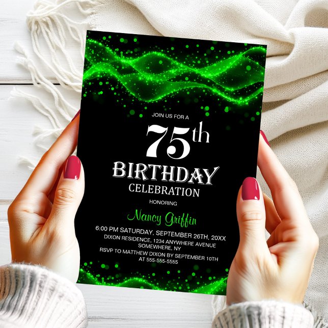 Modern Black and Green 75th Birthday Party Invitation (Creator Uploaded)
