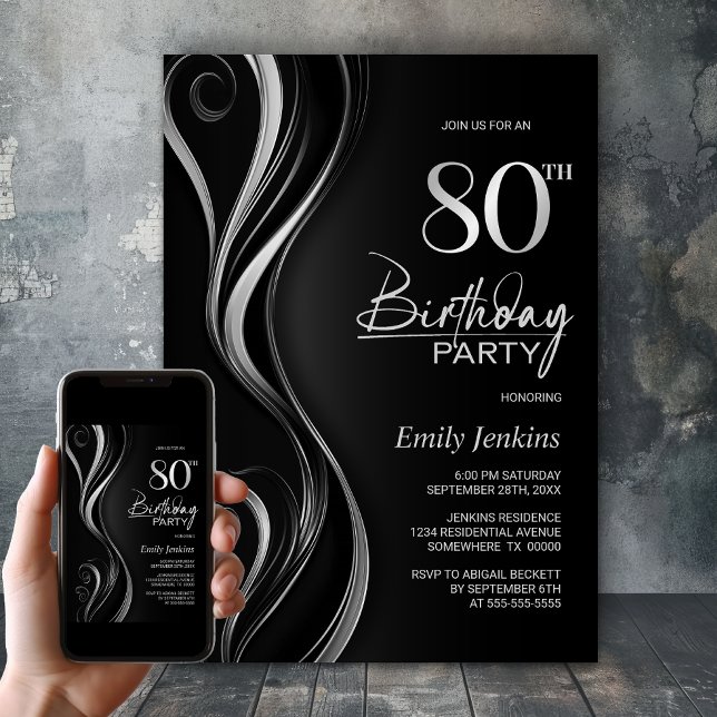 Modern Black and Grey 80th Birthday Party Invitation (Creator Uploaded)