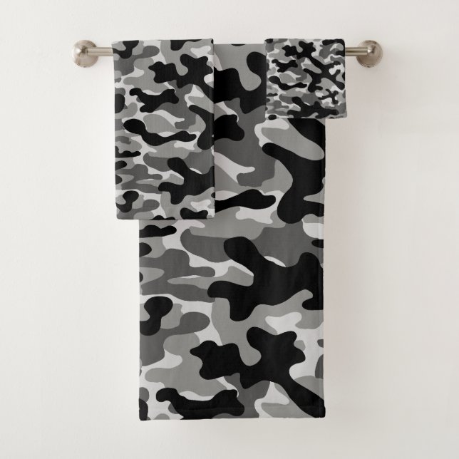 Modern Black And Grey Camouflage Pattern Bath Towel Set (Insitu)