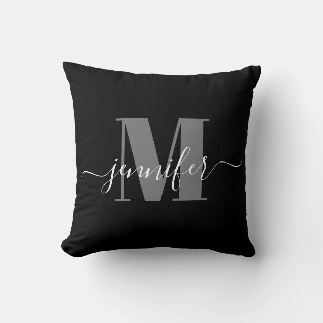 Modern Black and Grey Elegant Monogram Name Throw Pillow (Front)