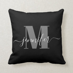 Modern Black and Grey Elegant Monogram Name Throw Pillow