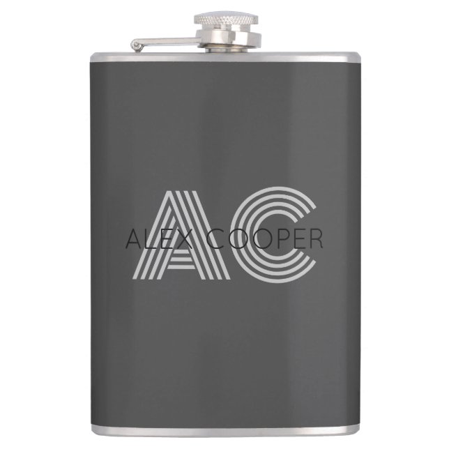 Modern Black and Grey Monogram Hip Flask (Front)