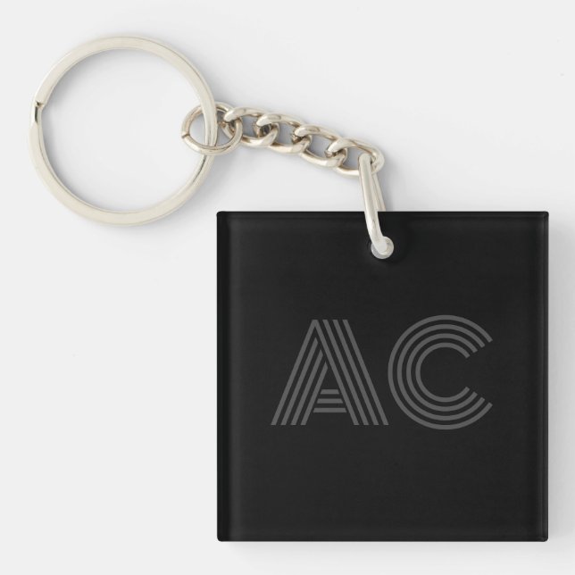 Modern Black and Grey Monogram Keychain (Front)