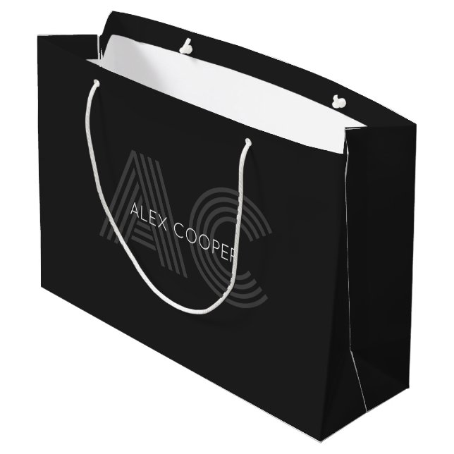 Modern Black and Grey Monogram Large Gift Bag (Back Angled)