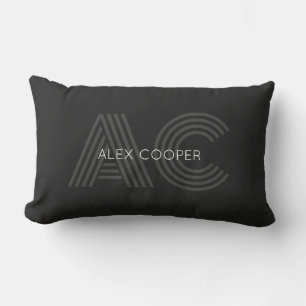 Modern Black and Grey Monogram Lumbar Pillow