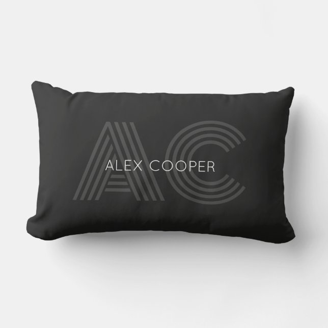 Modern Black and Grey Monogram Lumbar Pillow (Front)