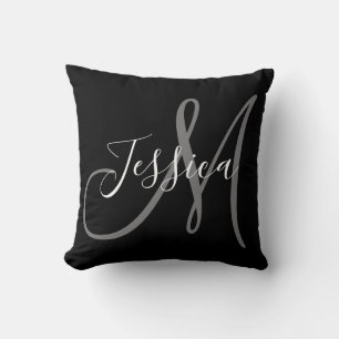 Modern Black and Grey Monogram Throw Pillow