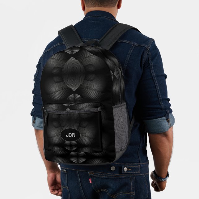 Modern Black and Grey Monogrammed Printed Backpack (Insitu (Model))