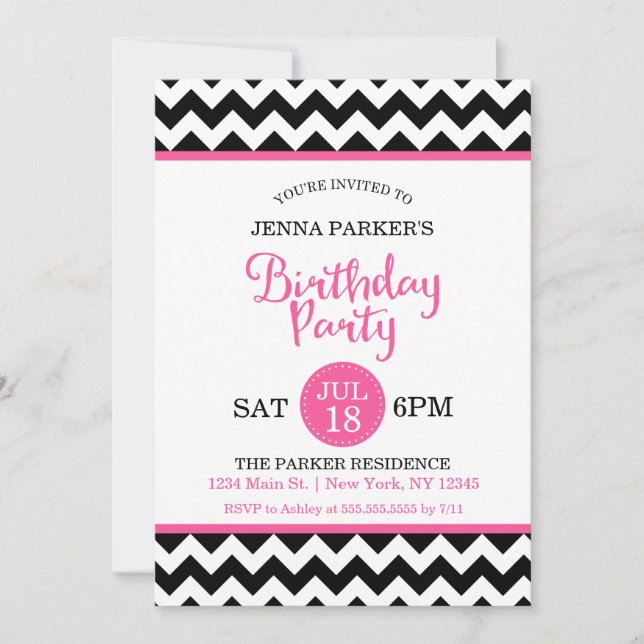 Modern Black and Hot Pink Chevron Birthday Party Invitation (Front)