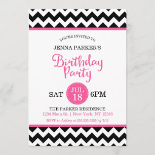 Modern Black and Hot Pink Chevron Birthday Party Invitation