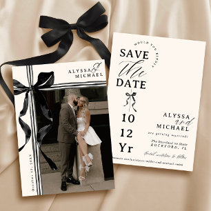 Modern Black and Ivory Bow Elegant Photo Wedding Save The Date