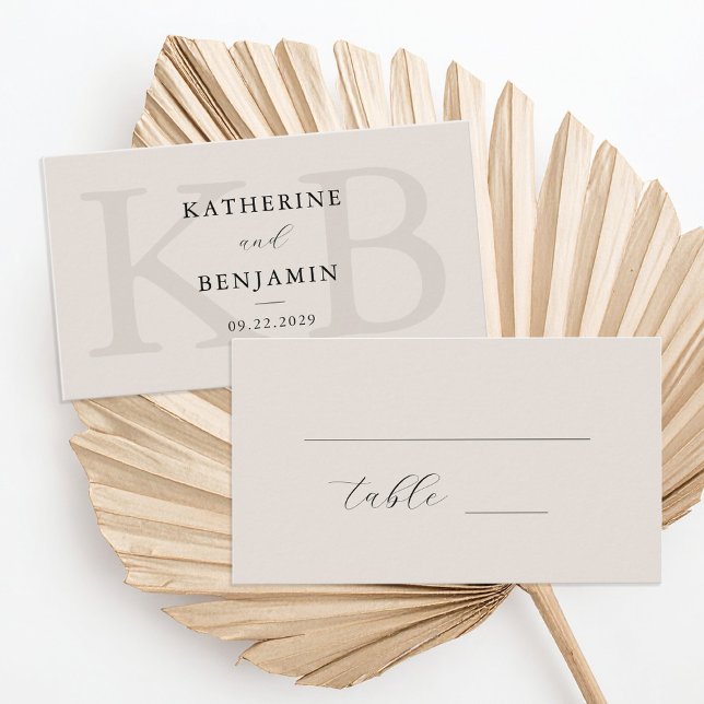 Modern Black and Ivory Monogram Minimalist Wedding Place Card (Creator Uploaded)