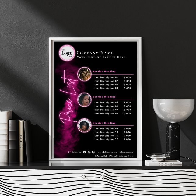 Modern black and neon Pink Script Photo Price List Poster (Modern Black and Neon Pink Script Price List Poster)