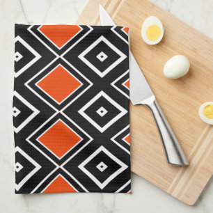 Modern Black and Orange Diamond Pattern Kitchen Towel