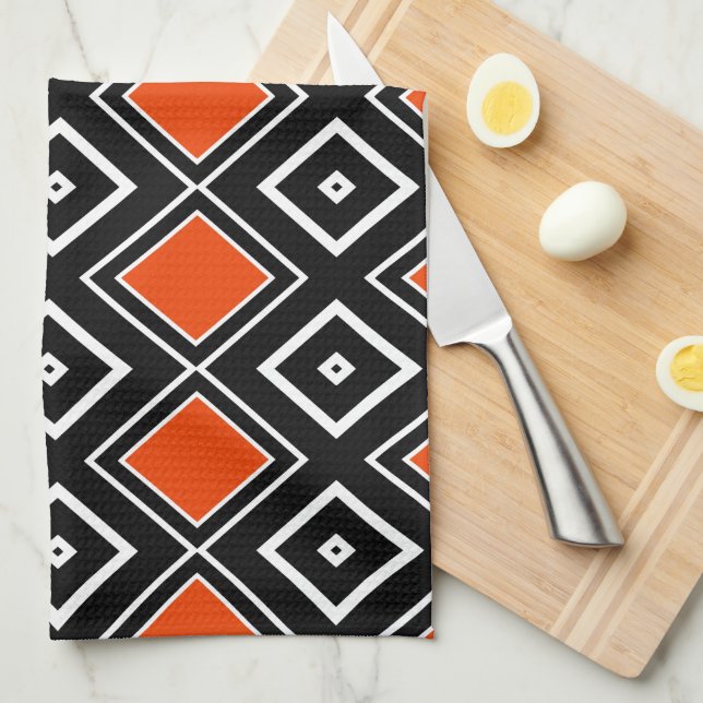 Modern Black and Orange Diamond Pattern Kitchen Towel (Quarter Fold)