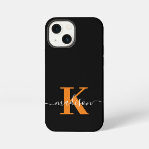 Modern Black And Orange Monogram iPhone 13 Mini Case
